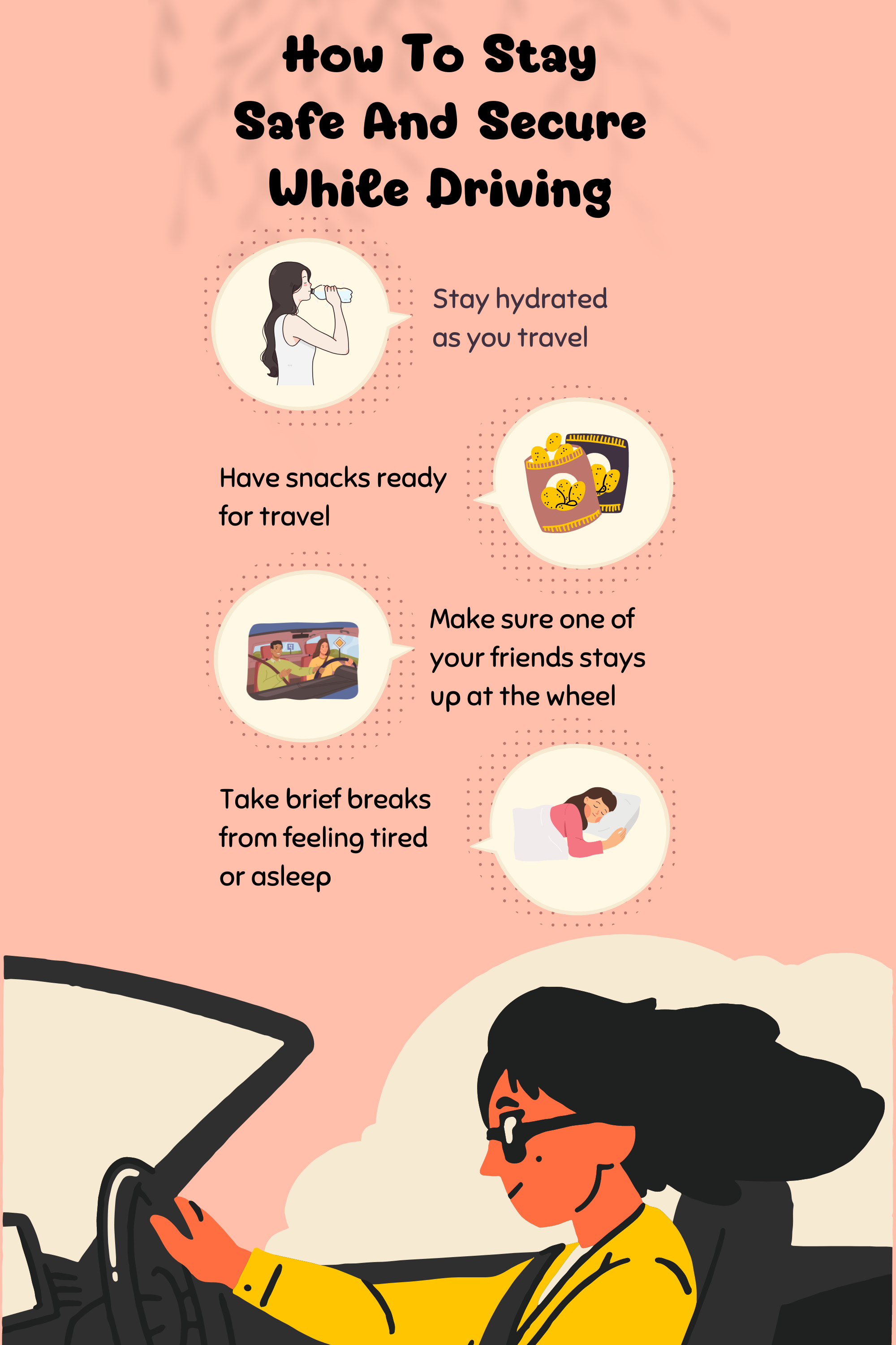 Pink Illustration How To Stay Safe And Secure While Driving Infographic 2